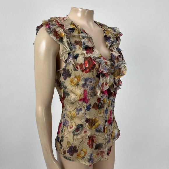 EUC - D&G Romantic Richly Colored Semi Sheer Floral Short Sleeve Ruffled Blouse - Picture 2 of 7
